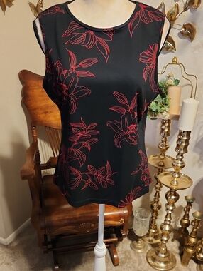 George Black Sleeveless Top with Red Floral Outline